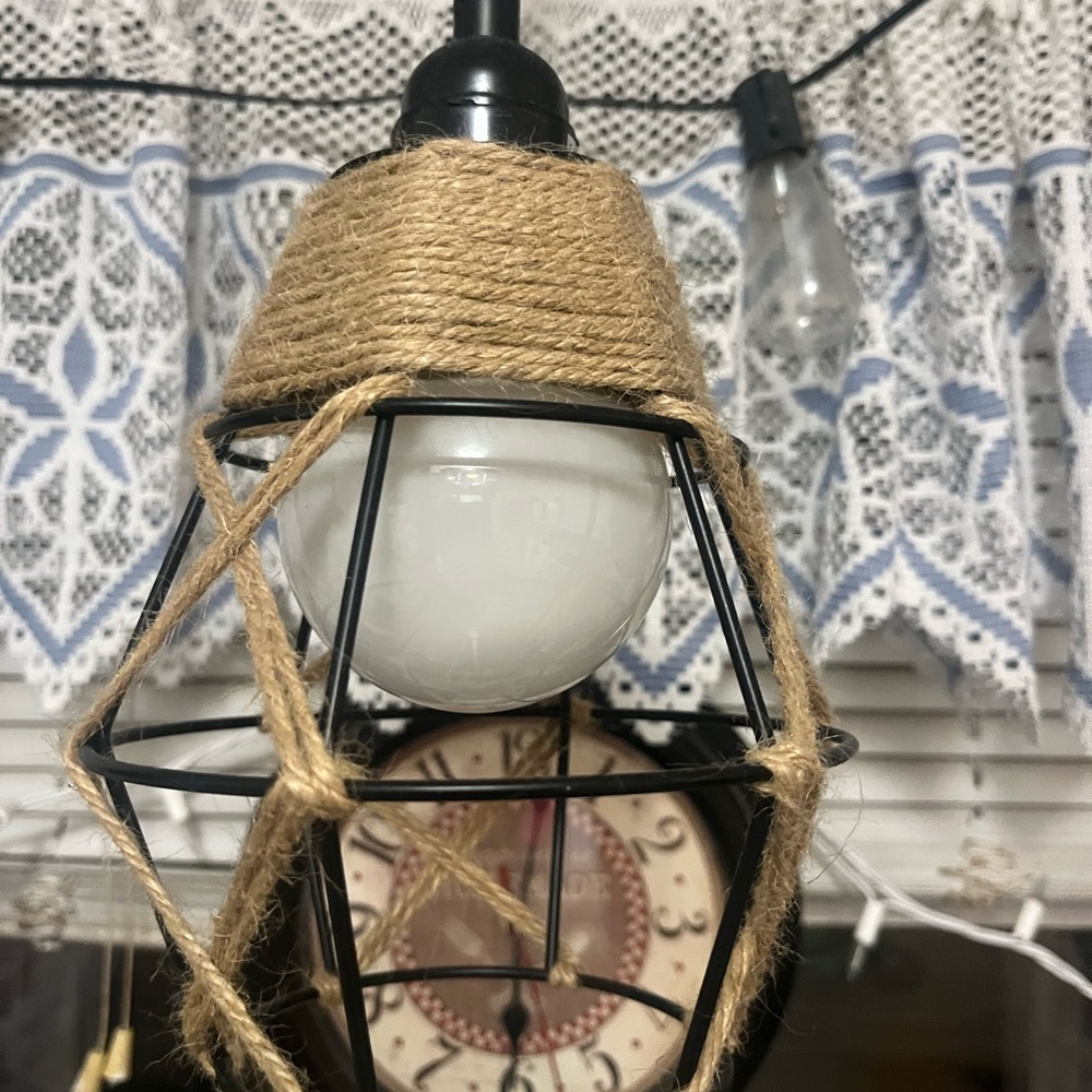 Rustic Twine Wrapped Black Metal Pendant Light